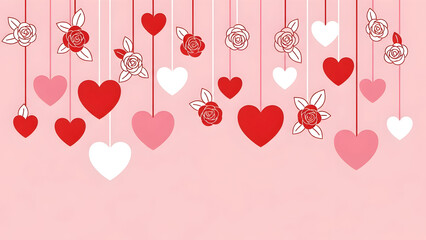 Hanging Red and Pink Hearts and Flowers on a Pink Background love valentine