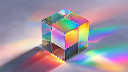 A geometric prism cube refracting light into spectrum colors, a dazzling display