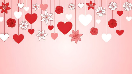 Red and White Hearts and Flowers Hanging Garland on Pink Gradient Background image