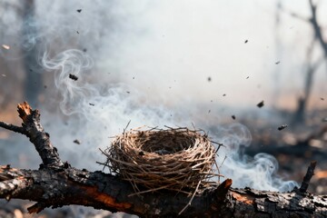 Empty Bird Nest on Burnt Tree Branch After Wildfire