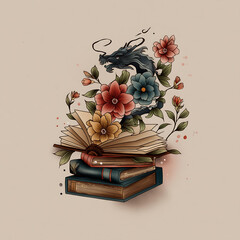 Mystical Dragon and Floral Illustration on Open Book: A Whimsical and Artistic Fantasy Literature Adventure with Vintage Books and Botanical Inspiration