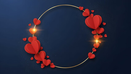 Red paper hearts arranged in a circle with a gold rim on a dark blue background love