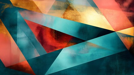 Striking abstract background features a dynamic composition of richly textured geometric triangles using deep teal coral and shimmering gold color accents for modern art