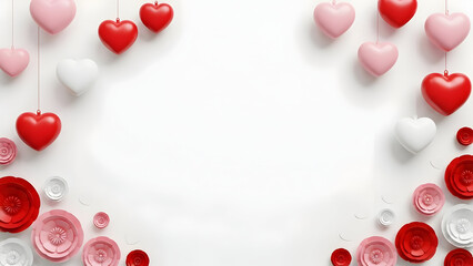 Red pink and white hearts and paper flowers arranged on a white background love valentine