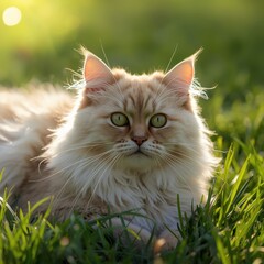Cat relaxing in green grass