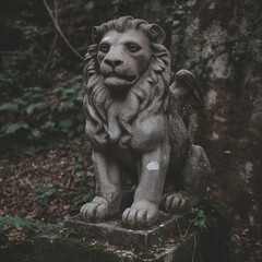 Majestic Lion Statue Stone Sculpture: Gothic Architectural Garden Decor with Mythical Charm and Detailed Carving in Serene Natural Surroundings