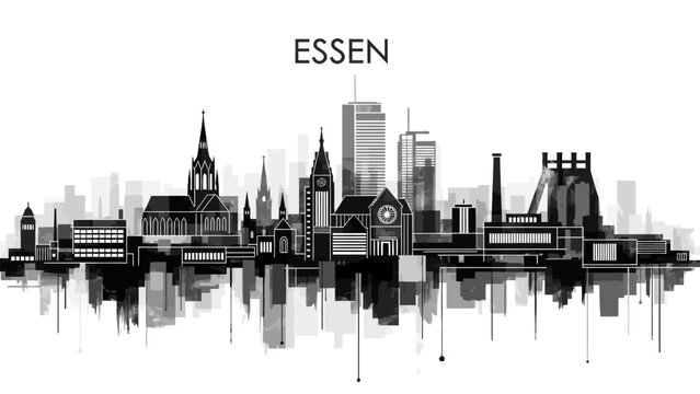 Essen City Skyline Black White Illustration.