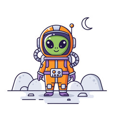 Obraz premium Cute cartoon alien astronaut in orange suit on moon surface with crescent moon in sky