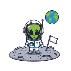 Obraz premium Cute Alien Astronaut on Moon Surface with Earth in Background