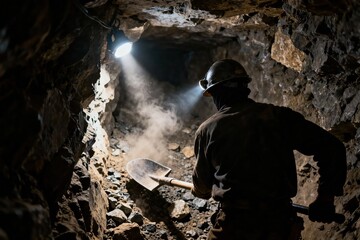 Miner Working with Shovel in Dark Underground Tunnel
