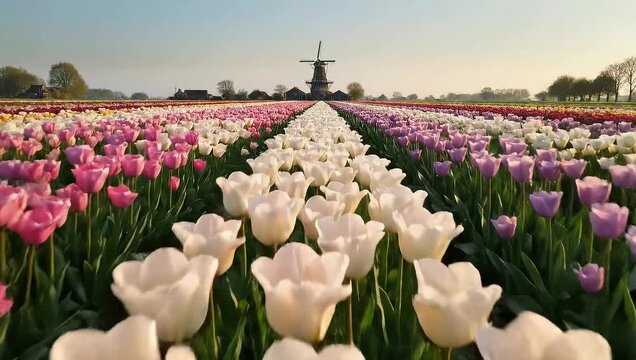 Vast Tulip Fields in Bloom with Traditional Dutch Windmill.