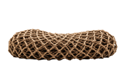 Intricately textured, aged net of earthy brown rope with distinct woven patterns, arranged on a transparent studio background, conveying resilience, enduring value, and intricate stability concept.