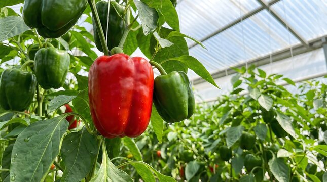 A vibrant display of ripening bell peppers hanging on the vine within a bright greenhouse environment showcasing agricultural growth