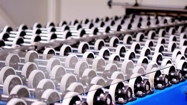 Glass conveyor with rows of rollers in a modern factory setting