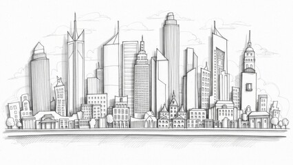 Obraz premium Intricate hand-sketched city panorama illustrating diverse urban architecture with depth.