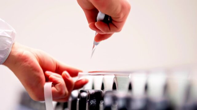 Close-up of hands using a cutter knife on a row of black cylinders
