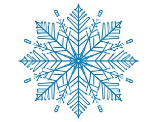 A stylized eight-pointed symmetrical snowflake in blue against a stark white background