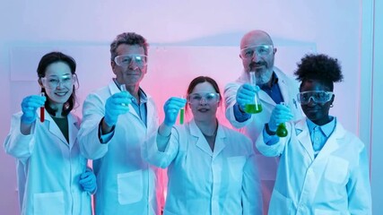 Innovative Research Collaboration, Chemistry Lab Teamwork, Scientific Breakthrough Celebration
