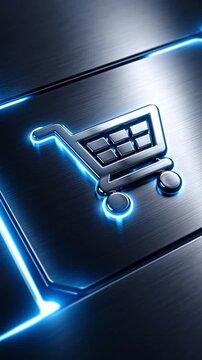 Futuristic e commerce shopping cart icon technology personalization ai concept on glossy metal surface glowing neon blue light digital retail interface modern online store design button detail