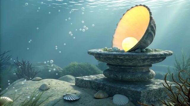 Luminous pearl nestled within an open clam shell resting on an ancient stone pedestal at the bottom of the ocean