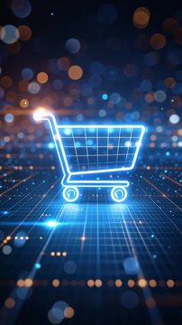 Neon shopping cart e commerce ai personalization digital retail technology concept glowing trolley icon online shopping futuristic grid background consumer data innovation e commerce cart digital ai