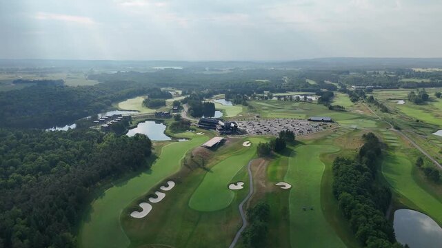 Drone flyover of TPC Toronto at Osprey Valley showing fairways, bunkers, ponds and clubhouse in hazy summer light near Alton, Caledon, Ontario, Canada.