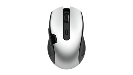 Silver and black computer mouse with scroll wheel and side button