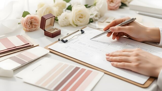 Wedding Planning Concept with Color Palette, Ring Box, and Event Checklist on Desk