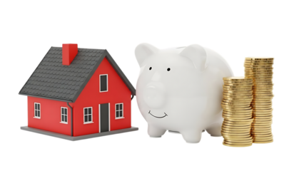 Red house model with white piggy bank and gold coins stacks isolated on white background for saving money concept