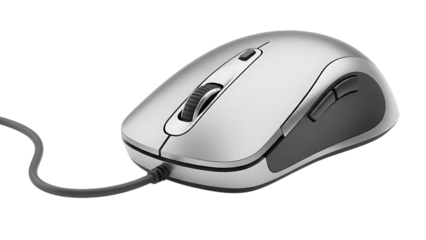 silver computer mouse with cord and black scroll wheel and buttons isolated on white background