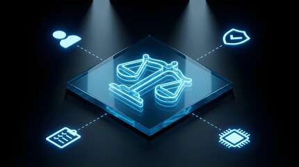 futuristic glowing neon interface showcasing artificial intelligence ethics with icons for human oversight ethical standards corporate policies and regulatory compliance management
