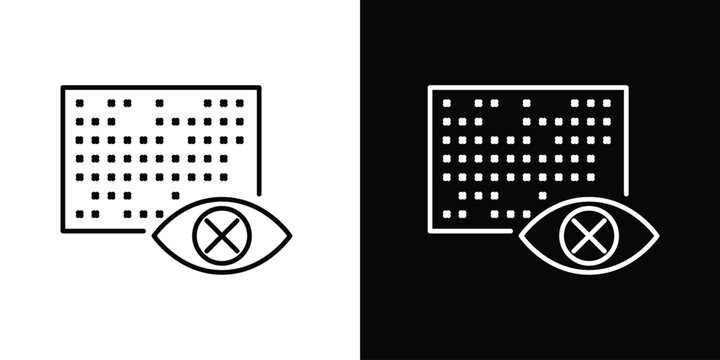 Minimalist line icon of a data grid with an eye crossed out, representing hidden data, privacy protection, data confidentiality, restricted visibility, and information security. Clean outline vector