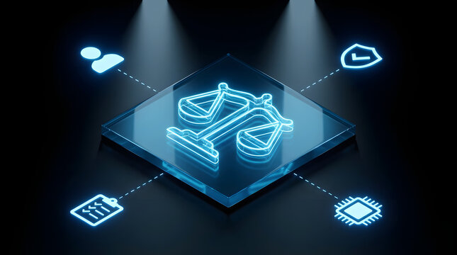 futuristic glowing neon interface showcasing artificial intelligence ethics with icons for human oversight ethical standards corporate policies and regulatory compliance management