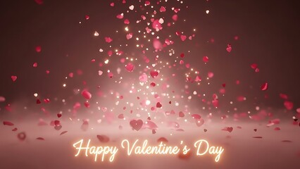 Romantic Valentine's Day celebration with falling heart-shaped confetti and rose petals in a festive atmosphere