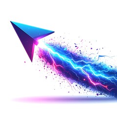 A stylized, geometric arrow erupts with a vibrant energy trail, suggesting speed and progress