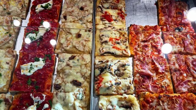 Display of Roman-style pizza al taglio with diverse toppings behind a glass counter in Rome