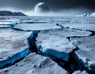 Otherworldly Frozen Planet with Cracking Ice and a Gigantic Celestial Body