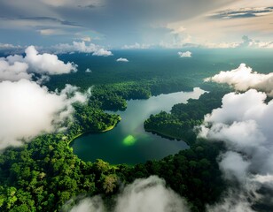Lush Green Island Surrounded by Clouds