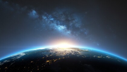Vibrant sunrise illuminating Earth's horizon from orbit with a stunning view of the Milky Way galaxy