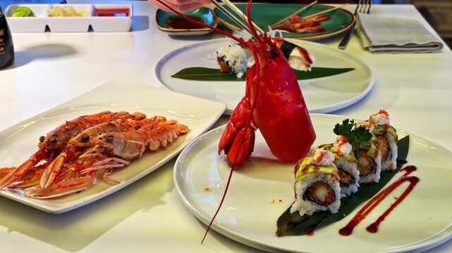 Sushi and shellfish served on gourmet asian restaurant