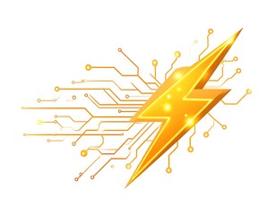A stylized golden lightning bolt with circuit board trails, set against white background