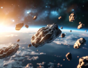 Asteroids in Orbit Cosmic Rocks Approaching a Distant Planet with Glimmering Sunlight