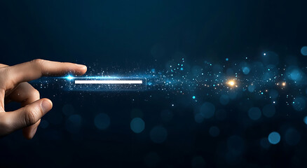 Hand reaching towards glowing search bar surrounded by sparkling particles, evoking sense of curiosity and exploration