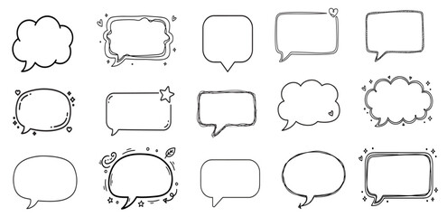 Obraz premium Set of 15 hand-drawn speech bubbles and comic thought clouds with minimalist black line vector art