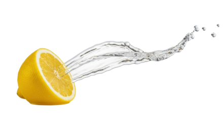 Vibrant yellow lemon half, juicy segments and white pith, dynamically splashing translucent liquid on a transparent studio background with copy space, concept of ultimate freshness and vitality