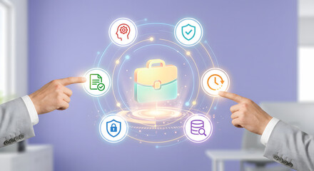 two businessmen hands pointing at colorful digital icons orbiting a 3d briefcase including symbols for document check clock brain data search and shield for professional business management