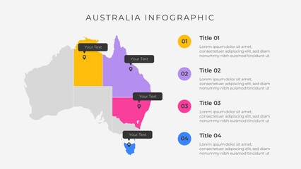 Australia map infographic template with 4 options. Australia administrative map infographic for presentation.