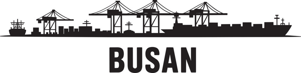 Busan port skyline silhouette vector with industrial terminal cranes and large container ships