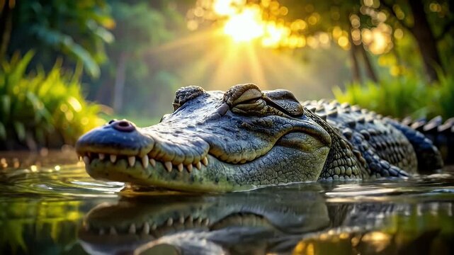 Alligator in the water with sun shining in the background.