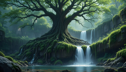 A waterfall flowing between large tree in the forest 4k pc wallpaper